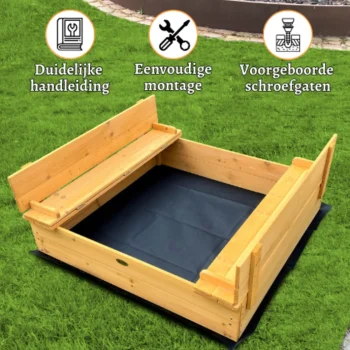 Fashion Rijoka Houten Zandbak Inklapbaar 2 Banken Inclusief Grondzeil Vierkant